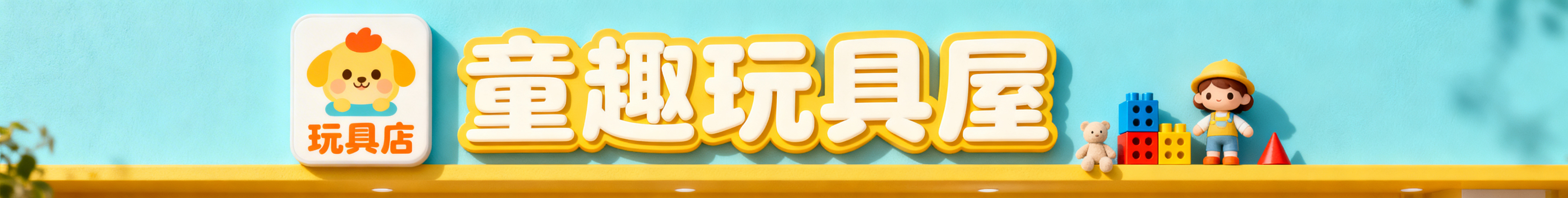 玩具店店招设计，横向版式，左侧放置已生成的玩具店Logo，中间是圆润活泼的无衬线字体文字“童趣玩具屋”，右侧搭配小巧的积木、玩偶等童趣元素。整体使用明亮暖黄和天蓝色为主色调，风格可爱治愈，视觉清晰，适预览效果