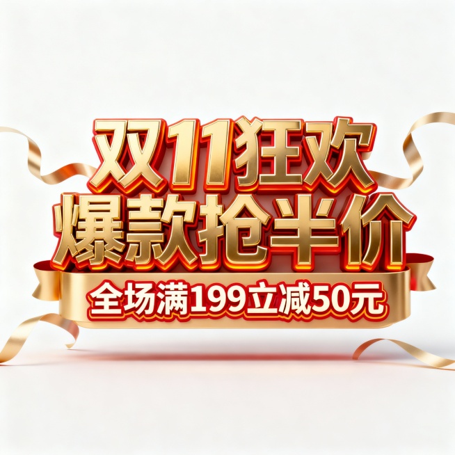 电商促销标题设计，主标题“双11狂欢 爆款抢半价”为金色金属立体字，数字和文字边缘带有红橙色渐变高光效果，副标题“全场满199立减50元”为多层描边厚度的正面电商促销字体，整体以立体醒目的3D字体呈现预览效果