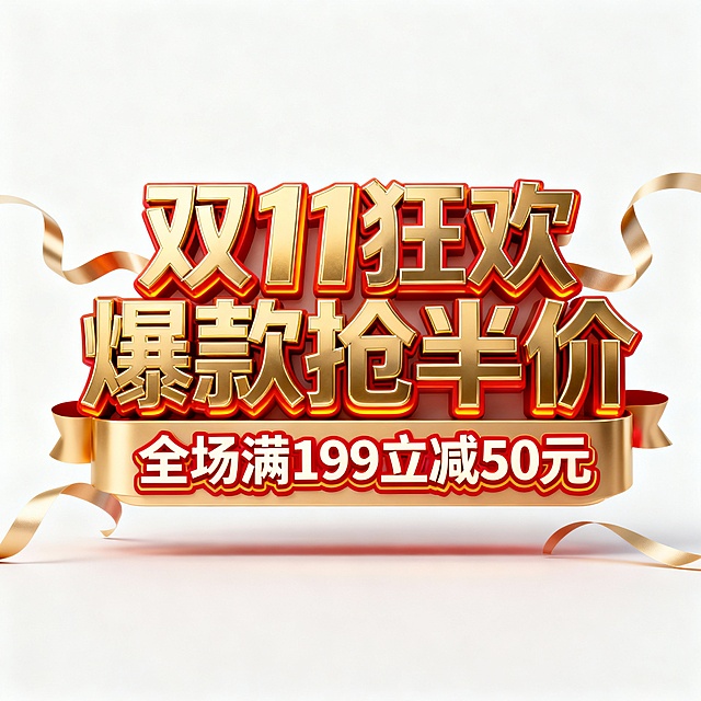 电商促销标题设计，主标题“双11狂欢 爆款抢半价”为金色金属立体字，数字和文字边缘带有红橙色渐变高光效果，副标题“全场满199立减50元”为多层描边厚度的正面电商促销字体，整体以立体醒目的3D字体呈现，标题周围有丝带装饰，背景为纯白色，整体设计洋溢着浓厚的节日电商氛围