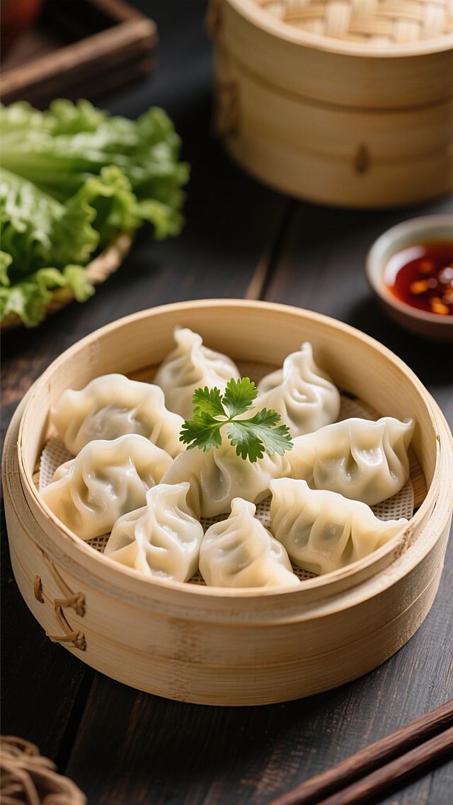 写实风格美食摄影，特写镜头下的竹制蒸笼里装满饱满的水饺，饺子皮洁白半透、褶皱清晰，顶部点缀一片翠绿香菜叶，蒸笼置于深色桌面上；背景有模糊的绿色生菜、竹编容器和一小碗红油蘸料，整体暖色调，光线柔和聚焦于水饺，突出食物的质感与新鲜感，营造温馨诱人的中式家常氛围。