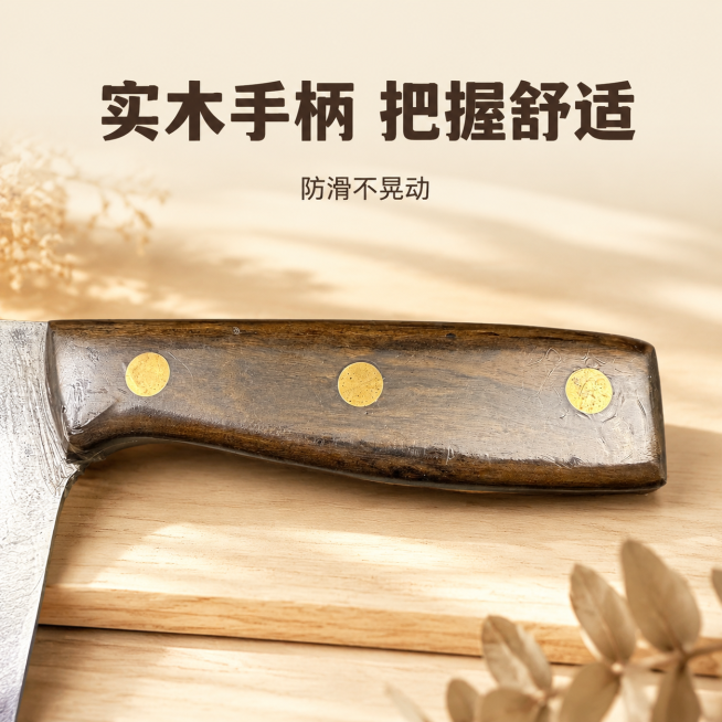 主图3-刀柄细节展示，家居治愈风，浅暖温馨氛围，商业摄影质感。保留原菜刀深棕木质刀柄、三颗黄铜铆钉的结构与材质细节，颜色保持一致。刀柄居中展示，浅原木温馨背景，柔和光影突出木质纹理与黄铜质感。全局底色预览效果
