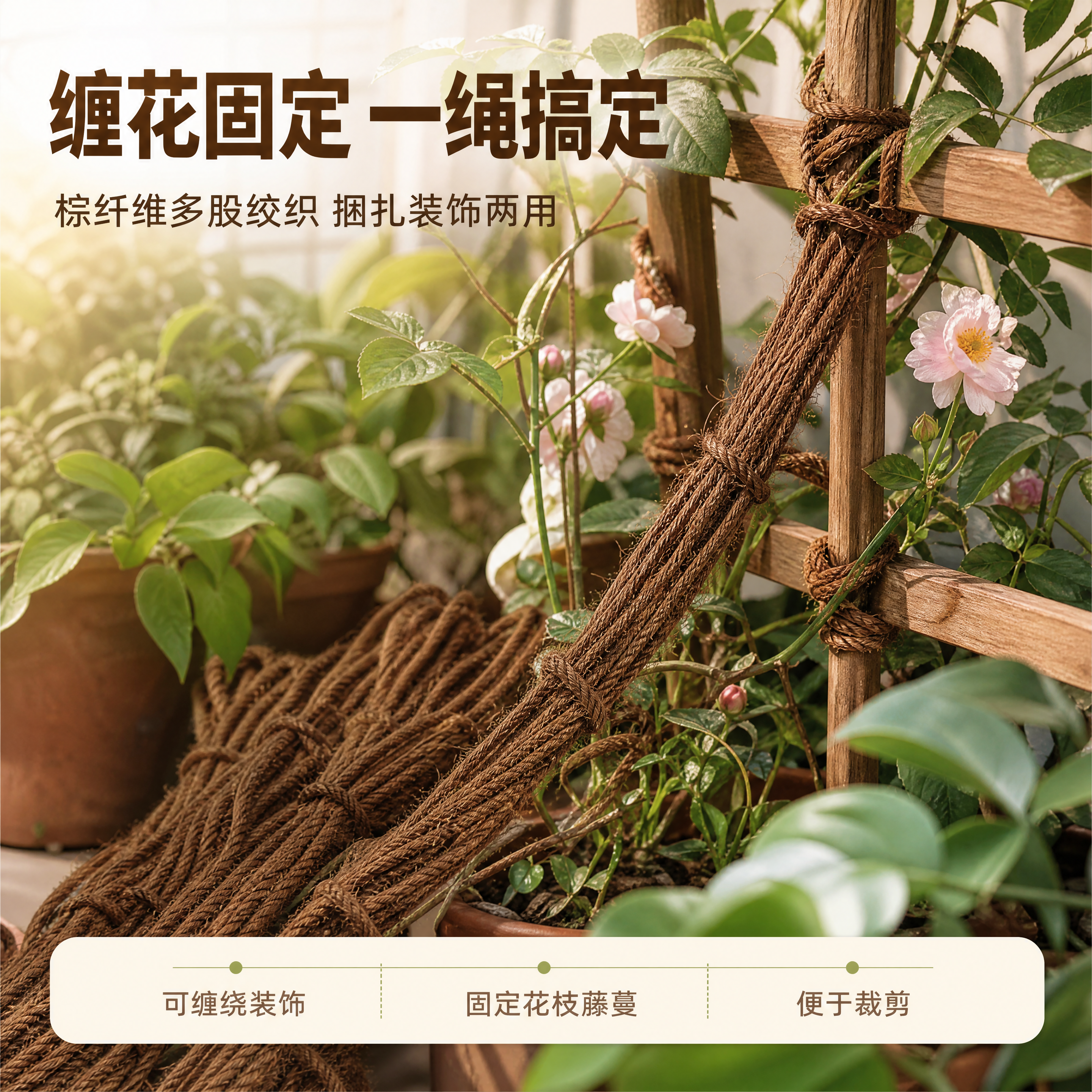 [商品] 主体为棕褐色棕纤维绳，使用【图1】整捆平铺全貌作为商… - 图片创意预览