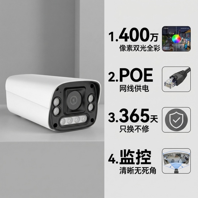 400万双光全彩网络摄像机卖点详情图，浅灰色极简背景，画面左侧放置产品主体，右侧分模块展示核心卖点：1. 400万像素双光全彩 配图夜晚全彩监控画面小图标；2. POE网线供电 配图网线连接小图标；3预览效果