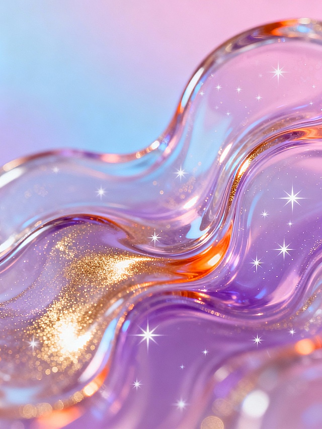 梦幻流体渐变背景，以粉紫色与淡蓝色为主色调，透明胶质质感的流动曲线形态，表面折射出金色与橙色的高光，散布着微小的白色星形光点，整体光影柔和且富有层次感，营造出神秘而绚丽的梦幻氛围，色彩过渡自然平滑，具有强烈的视觉流动感和光泽感。