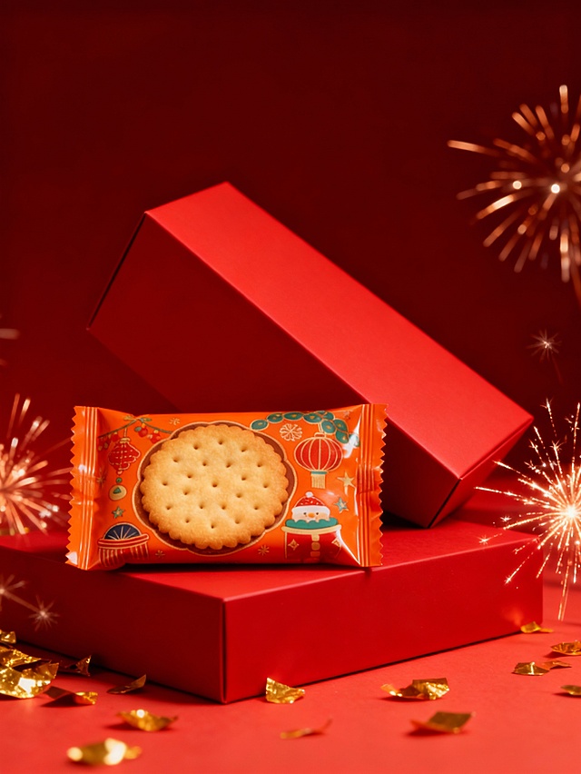仰视角度拍摄的主体陈列在红色哑光礼盒上的特写，占画面五分之一。背景是红色礼盒呈倾斜放置在主体背后，突出商品质感。周围点缀金箔、烟花装饰，背景为暗红色到红色的上下渐变。