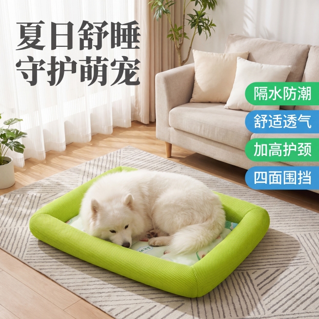 电商主图，轻奢温暖风格，真实居家场景，一只萨摩耶犬惬意躺在牛油果绿宠物窝内，窝的边缘蓬松柔软，背景搭配浅色系布艺沙发、几何图案地毯，阳光透过纱帘洒在宠物和窝上，画面温馨治愈，突出宠物窝 "加高护颈、四预览效果