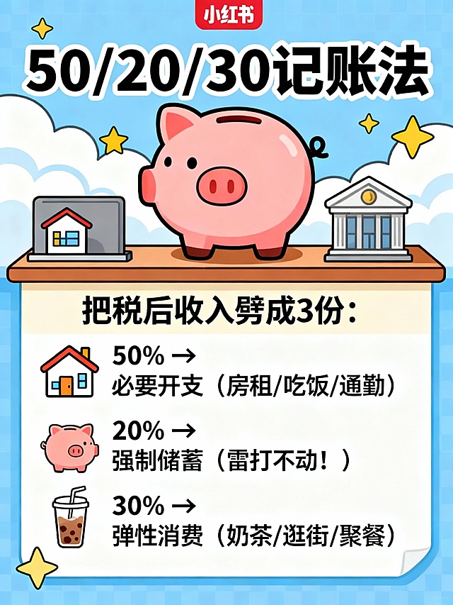 根据刚刚生成的封面再做三张内文 文字内容如下：图一 ：
50/20/30记账法
把税后收入劈成3份：
 50% → 必要开支（房租/吃饭/通勤）
 20% → 强制储蓄（雷打不动！）
 30% → 弹性消费（奶茶/逛街/聚餐）
图二： 再上“强制”组合拳
发薪日自动划转，专治拖延症
工资到账第一件事！直接把20%的储蓄金转到专用账户（选那种不能随手花的定期/货币基金）
剩下的钱再按比例分配，主打一个“先存后花”

图三：
存钱小技巧保驾护航
1️⃣记账要分类，拒绝糊涂账
可使用记账工具，划分3个部分
必要开支超了？从弹性消费里扣！
弹性消费有结余？直接塞进储蓄账户加码！

2️⃣额外收入全存，快乐存钱再加码
奖金/兼职收入
80%直接划入储蓄账户
毕竟这是“意外之财”，不花也不会影响生活