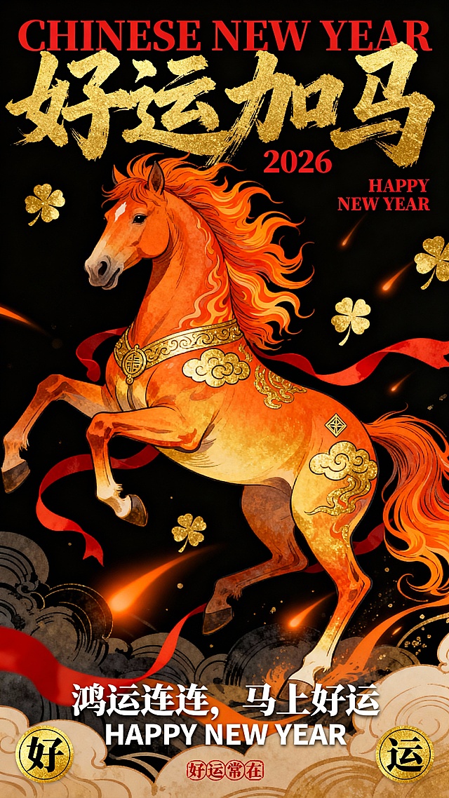 国潮浮世绘风格马年主题插画，纯黑背景，主体为一匹通体橙金渐变的伊犁马呈腾跃姿态，鬃毛与尾毛化为橙色火焰纹理，马身装饰金色祥云纹与幸运符号，周围环绕金色四叶草、红色丝带与橙色光效，整体采用高对比度的橙、金、黑配色，以细腻的浮世绘线条勾勒，营造出活力四射、好运降临的视觉效果。文字排版为：顶部是红色大写英文字体 “CHINESE NEW YEAR”，叠加金色书法主标题 “好运加马”，字体笔触粗犷有力，下方标注 “2026” 与红色小字 “HAPPY NEW YEAR”；底部居中是白色副标题 “鸿运连连，马上好运”，其下方为白色英文字体 “HAPPY NEW YEAR”；左下角有金色圆形 “好” 字标识，右下角有金色圆形 “运” 字标识，底部中央点缀 “好运常在” 红色印章。