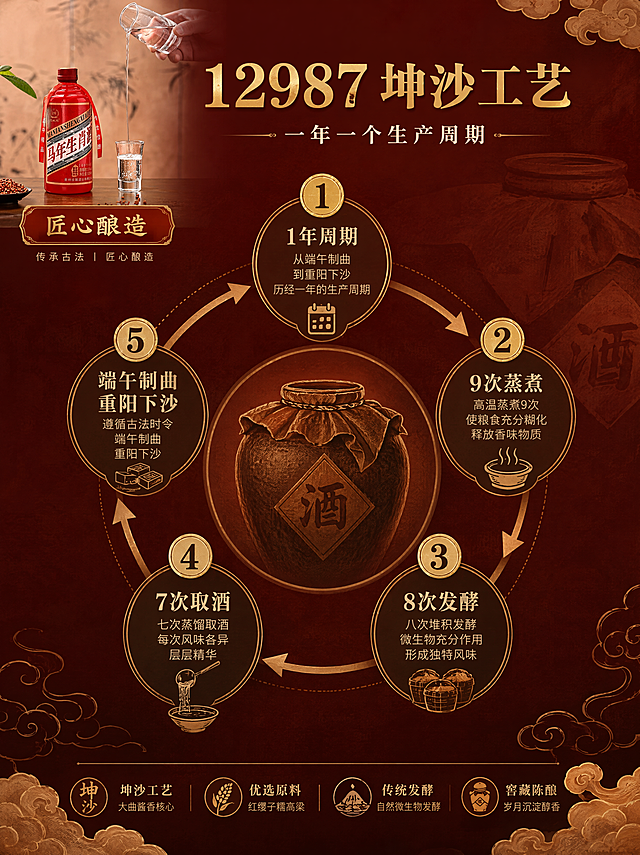 [第4张] 详情页工艺传承页——12987坤沙酿造工艺步骤拆解。本张使用【图1】作为产品小图辅助展示（倒酒场景）。
[氛围/风格] 传统匠心工艺感，中式古朴氛围，信息图式表达，庄重有底蕴。
[元素布局] 画面中央为环形工艺流程图，围绕中心酒坛图标展开12987五大步骤；左上角产品倒酒场景小图点缀，占比约20%；背景为深棕红渐变+暗纹酒坛剪影；四周有祥云纹样装饰。
[光影质感] 整体均匀柔光，中心区域略亮突出流程图，古朴暖色调，有岁月沉淀感。
[配色色系] 全局底色 #5D1A1A 酒红深底；主色金色线条+正红点缀；辅助色米白文字、深棕图标底。
[视角构图] 中心放射式构图，阅读动线从中心向外顺时针展开。
[文字版式] 顶部主标题「12987 坤沙工艺」金色宋体大字+副标题「一年一个生产周期」白色小字；中心环形五步骤：①「1年周期」②「9次蒸煮」③「8次发酵」④「7次取酒」⑤「端午制曲 重阳下沙」，每步配金色圆形序号图标+说明文字；字体统一宋体标题+黑体正文；左下角小图配「匠心酿造」标签。
[比例分辨率] 3:4 竖版比例，4K 分辨率，文字清晰可辨，高清画质。
[负向提示词] 工艺图标混乱，文字过小，水印，产品变形，颜色偏差。