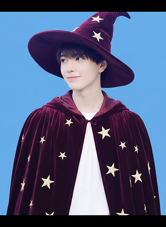 梦幻感与可爱感交织的动漫风魔法师造型，轻拟物设计融合面料质感，温馨氛围中透出时尚气息，节日主题鲜明。