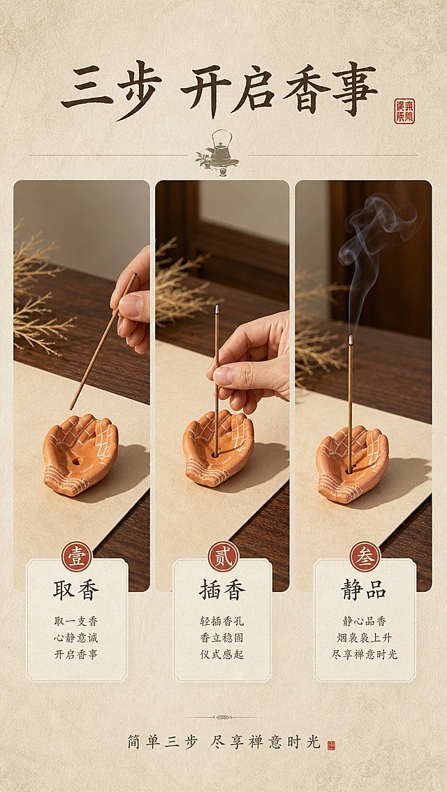 [商品] 使用【图2】掌心款佛手粗陶香插 + 线香；保留陶土橙棕色、掌心造型、香孔位置，线香插入状态真实自然，烟雾向上飘散。
[画面] 目标：第6张使用演示，展现点香-插香-品香的仪式感流程。构图：三格横向拼图，左格取香、中格插香、右格品香烟雾，产品各占对应格子主体。景别：中近景。每格统一木质桌面+米色背景，保持视觉连贯。
[视觉] 套系策略：风格=东方禅意国风商业摄影；标题字=书法宋体/手写书法体；正文字=简洁宋体；主色=米杏暖白+陶土棕红；背景延展=基于米杏色做深浅肌理、宣纸纹理、同色渐变层次；强调色=赭石红，仅用于小面积印章、引线、标签点缀；标题色=深棕褐；正文色=暖灰棕；组件=细线分隔、圆角米白信息卡、朱砂印章元素；光影=统一左前侧暖柔光，三格光影一致。
[文字] 顶部主标题：三步 开启香事；每格下方对应文字：取香 / 插香 / 静品；底部小字：简单三步 尽享禅意时光。文字全部横排，不遮挡商品主体。
[规格] 图片比例9:16竖版，4K分辨率，负向提示：避免变形、错字、文字过小、冷蓝背景、商品颜色改变、动作不自然、结构失真。