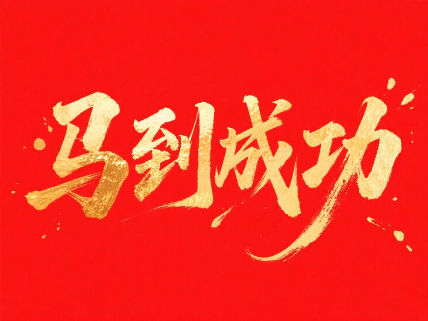 文案“马到成功”文字，烫金水墨，金色国风元素，文字横向排列，纯红色背景预览效果