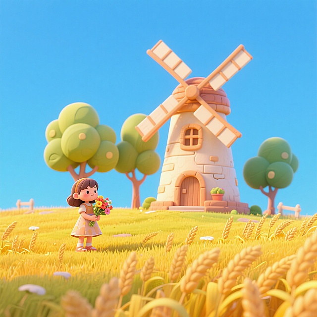 清新软3D风，卡通女孩手捧鲜花，置身金黄麦田与风车旁，营造童话般温馨场景。
