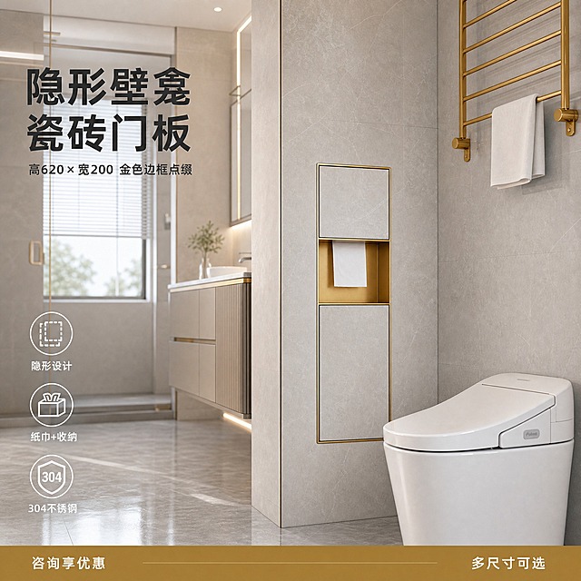 将这张隐形瓷砖门板金色边框壁龛主图转换为1:1正方形比例，保持所有画面元素、产品外观、隐形瓷砖门板设计、金色边框、文字内容、图标、配色、光影完全不变，产品与马桶的尺寸比例保持合理（高620mm宽200mm窄款，与马桶比例协调）；仅调整画布比例为正方形，重新构图使壁龛主体居中偏右，马桶在右侧完整呈现，左侧标题文字与三个图标完整保留，底部信息条完整，左右两侧适当延伸卫生间空间场景使整体比例协调，产品不变形、文字不拉伸、画质清晰锐利。