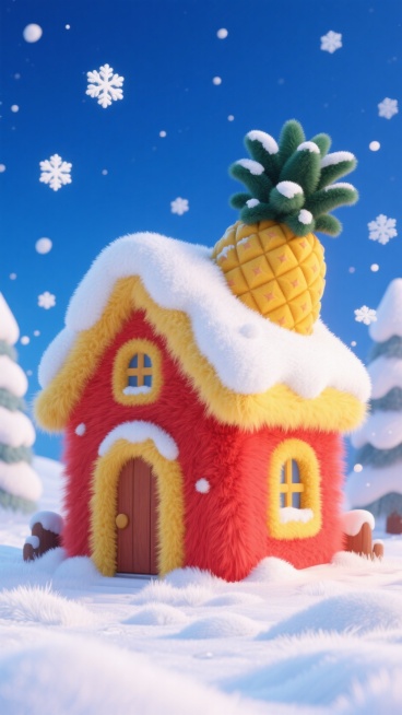 画面中心是红色小房子（黄色门和窗），屋顶覆盖白雪，房顶上有一个巨大的被雪覆盖的菠萝，深蓝色天空，周边飘着白色雪花，地面有积雪预览效果