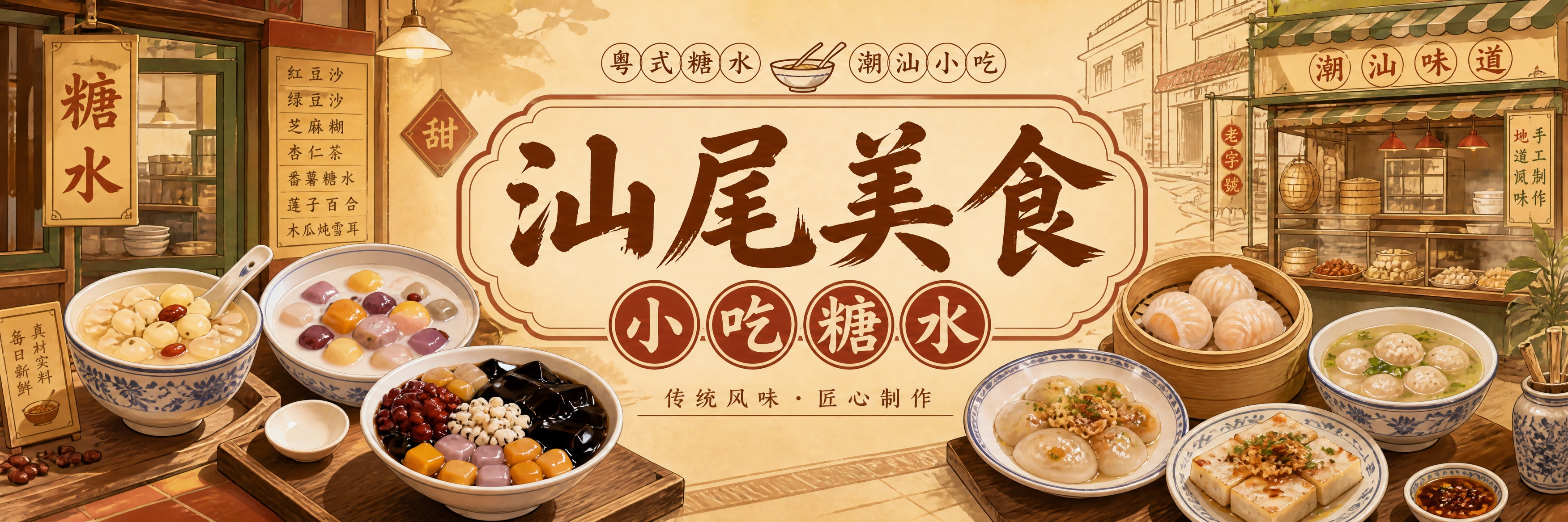 汕尾美食小吃糖水店宣传海报，横版长条形构图。画面中央是醒目的店… - 图片创意预览