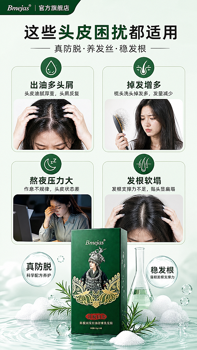 [第8屏] 适用人群屏，防脱洗发水适配人群梳理。标题这些头皮困扰都适用，分四格展示：出油多头屑、掉发增多、熬夜压力大、发根软塌。每格配小图标和说明文字，产品放底部保持外观，浅绿背景排版清晰。比例9:16，分辨率4K。
