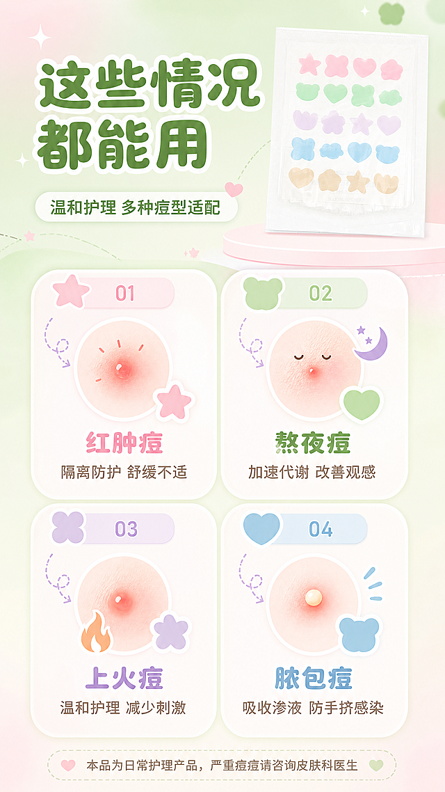 [商品] 使用【图2】多彩痘痘贴；保留产品原貌，作为各肤质/痘型匹配的产品参照。
[画面] 目标：适用人群与痘型匹配，帮助用户自我对照。构图：上半部分主标题+产品小图；下半部分4格卡片网格，每格展示一种痘痘类型/肌肤状态+适用理由。主体占画面约25%，前景为信息卡片，中景为图标+文字，后景为浅粉绿渐变背景。阅读动线从上到下、从左到右。
[视觉] 套系策略：风格=马卡龙清新少女风商业摄影；标题字=圆润可爱粗体字；正文字=简洁圆润无衬线体；主色=薄荷绿+樱花粉；背景延展=基于薄荷绿和樱花粉做渐变柔雾、同色系深浅层次、细腻磨砂质感；强调色=淡紫色，仅用于小面积图标、引线和标签装饰；标题色=深抹茶绿；正文色=暖灰棕；组件=圆角胶囊信息卡、虚线引线、可爱图标；光影=左前侧柔和漫射光，整体明亮通透。
[文字] 顶部主标题"这些情况都能用"，副标题"温和护理 多种痘型适配"；4格卡片分别为："红肿痘→隔离防护 舒缓不适"、"熬夜痘→加速代谢 改善观感"、"上火痘→温和护理 减少刺激"、"脓包痘→吸收渗液 防手挤感染"；底部小字提示"本品为日常护理产品，严重痘痘请咨询皮肤科医生"；文字全部横排。
[规格] 图片比例9:16竖版，4K，避免变形、错字、文字过小、医疗承诺、根治/治疗类表述。