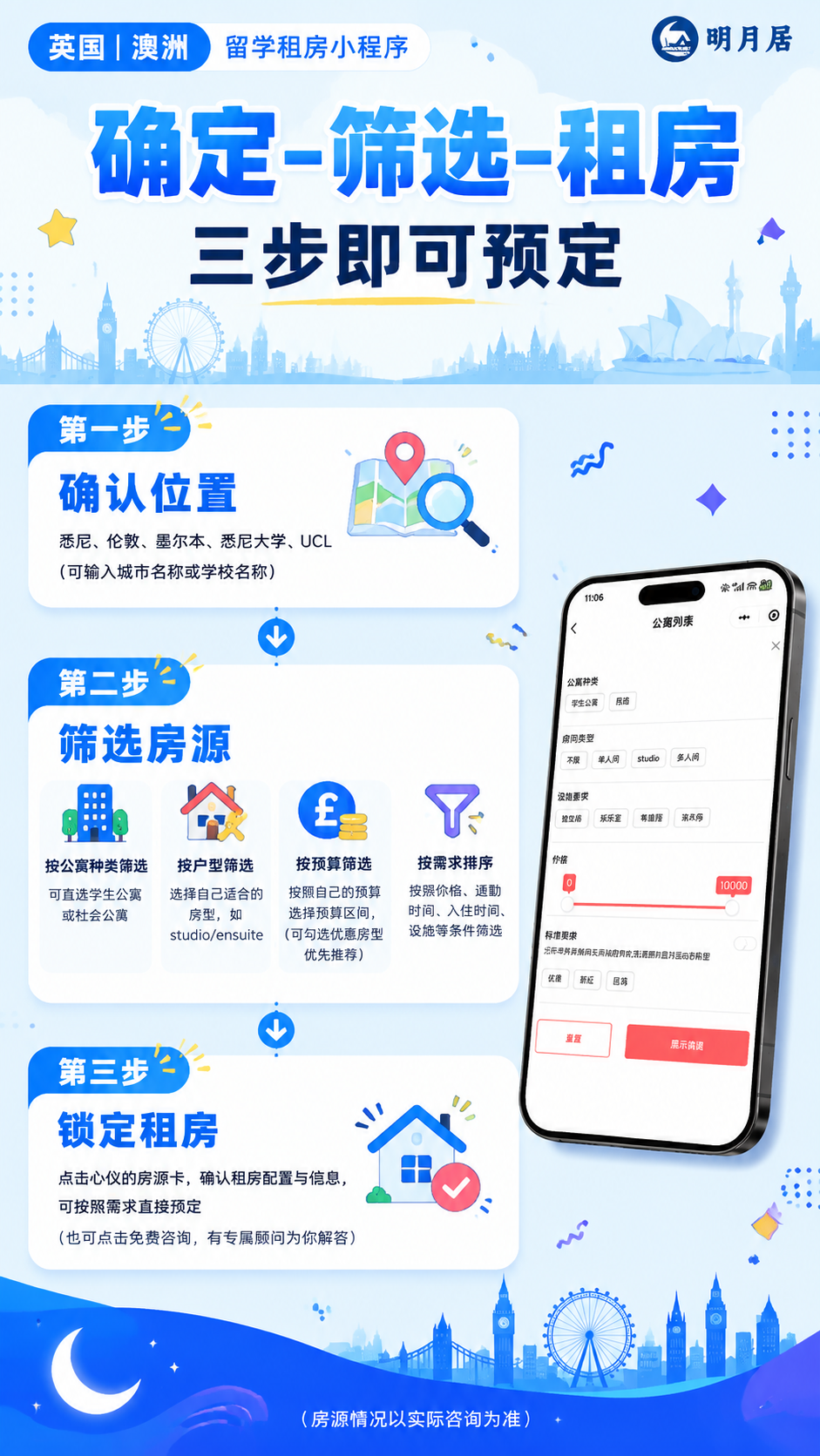 重新设计一张留学租房小程序宣传海报，竖版9:16，蓝色系配色，… - 图片创意预览