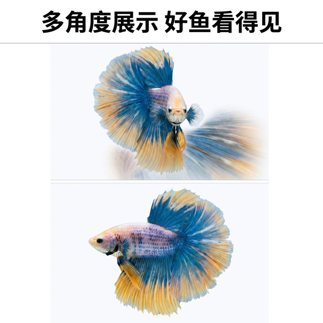 [主图 4] 泰国半月斗鱼双角度展示拼图
[氛围风格] 真实展示，清晰直观，统一干净
[画质] 高清商业摄影，两张图片画质一致清晰通透
[元素] 分上下两格拼图，上图展示斗鱼正面，下图展示斗鱼侧面，两预览效果