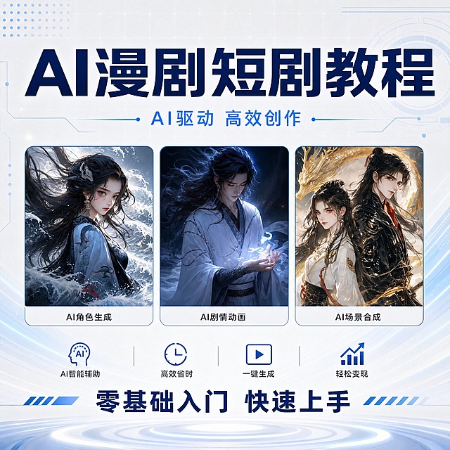 [第3套-简约科技风-主图] AI漫剧短剧教程首图，简约科技风格。
[画面] 整体简约科技干净风格，浅灰白底色配渐变蓝色科技线条，极简几何元素。画面上方大号深蓝色主标题"AI漫剧短剧教程"，字体现代无衬线粗体简洁有力。主标题下方浅蓝色细线副标题"AI驱动 高效创作"。画面中部横向排列3张带圆角细边框的古风人物作品图，简洁干净：左侧黑衣女子、中间白衣男子、右侧金龙双人。底部深蓝色大字"零基础入门 快速上手"，配简洁几何图标。背景有淡淡的网格线、几何圆点、渐变蓝色光带，极简高级。
[视觉] 风格=简约科技极简风；主色=浅灰白+深蓝+浅蓝+科技蓝；标题字=现代无衬线粗体深蓝色；正文字=深灰色无衬线体；组件=圆角细边框、几何线条、网格背景、简洁图标；光影=干净明亮柔光，无多余阴影，极简通透。
[文字] 主标题大号深蓝色粗体字居中，副标题浅蓝色细体字，作品图下方深灰色小字标签，底部标语深蓝色大字。所有文字横排，留白充足。
[规格] 1:1正方形，2K，负向：模糊 变形 错字 水印 淘宝Logo 极限词 杂乱