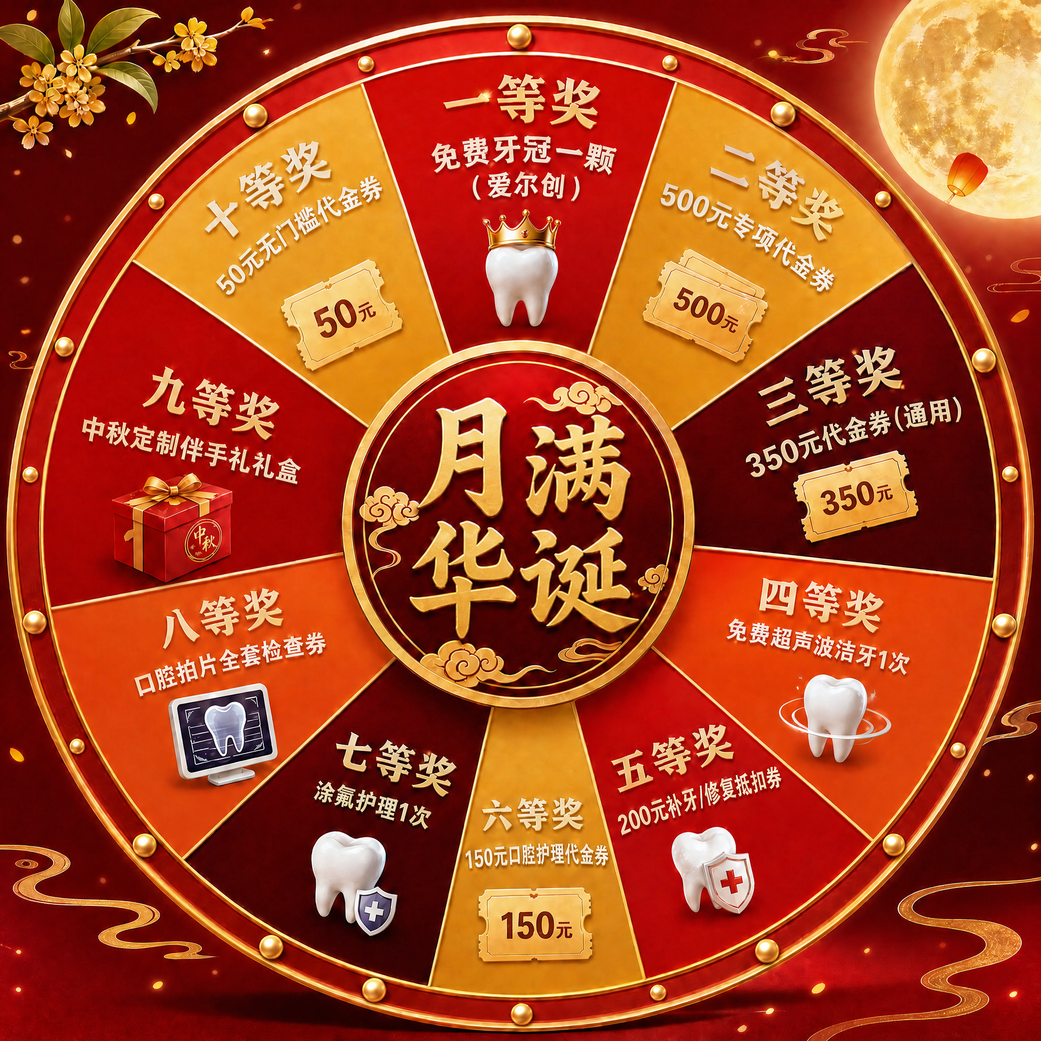 将转盘中心圆形区域内的"中秋抽奖"四个大字修改为"月满华诞"，… - 图片创意预览