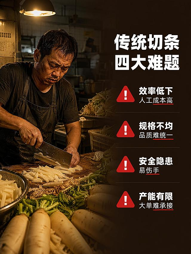 [第2屏] 痛点直击-传统人工切条行业痛点。本屏无需产品图。
[氛围/风格] 写实工业场景风，偏暗色调，突出困扰与问题感，商业摄影质感。
[元素布局] 画面左侧为人工切菜场景：工人手持刀具在案板上切萝卜条，周围堆满食材，表情疲惫；右侧为问题清单区域；背景为传统厨房/加工厂环境，台面杂乱，灯光偏黄；包含3层视觉：前景案板食材、中景工人操作、背景厨房环境。
[光影质感] 偏暖黄顶光，整体偏暗突出压抑感，工人面部有汗珠细节，阴影较重营造困扰氛围。
[配色色系] 全局底色 #2B1D12 深棕暗调；主色暖黄灯光；辅助色暗红警示色、白色文字。
[视角构图] 平视视角，左右分栏布局，左场景右文案，阅读动线从左到右。
[文字版式] 版式为左侧场景图 + 右侧痛点清单。主标题「传统切条 四大难题」，粗黑体居右；下方4个痛点条目，每条配红色警示图标：1.效率低下 人工成本高 2.规格不均 品质难统一 3.安全隐患 易伤手 4.产能有限 大单难承接；文字清晰可读，移动端友好。
[比例分辨率] 3:4 竖版比例，4K分辨率，文字清晰可辨，高清画质。
[负向提示词] 变形，水印，文字错乱，文字过小，人物面部模糊，场景杂乱，出现产品机器。