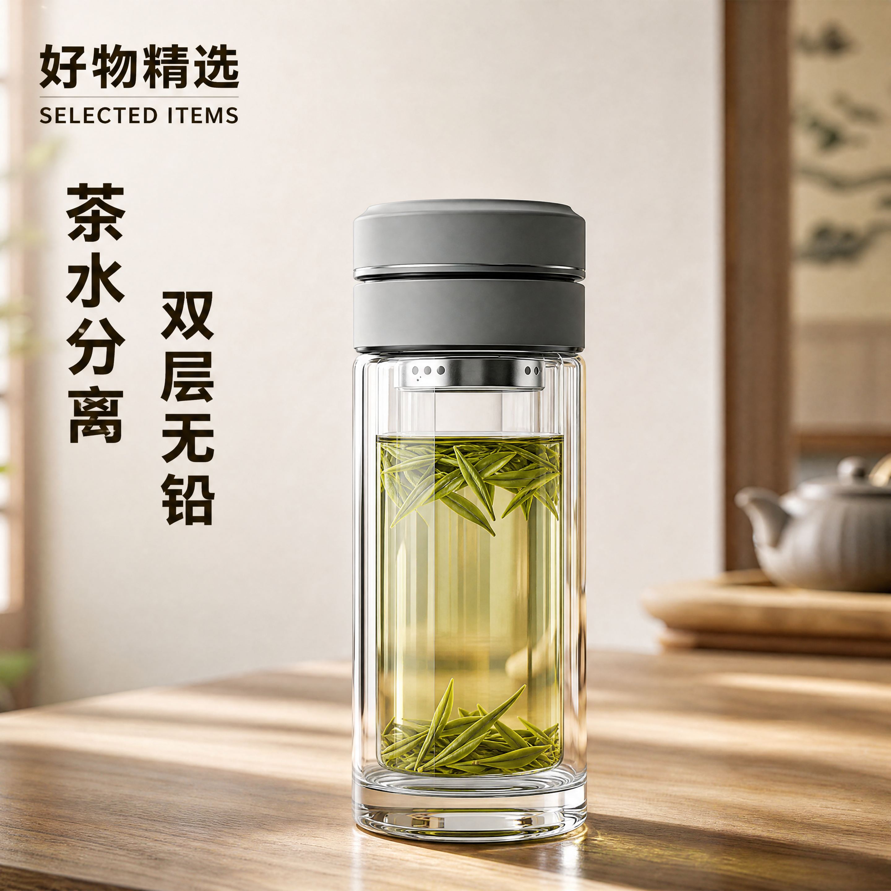 高端电商商业摄影，8K超清，主体哑光灰色杯盖双层高硼硅茶水分离… - 图片创意预览