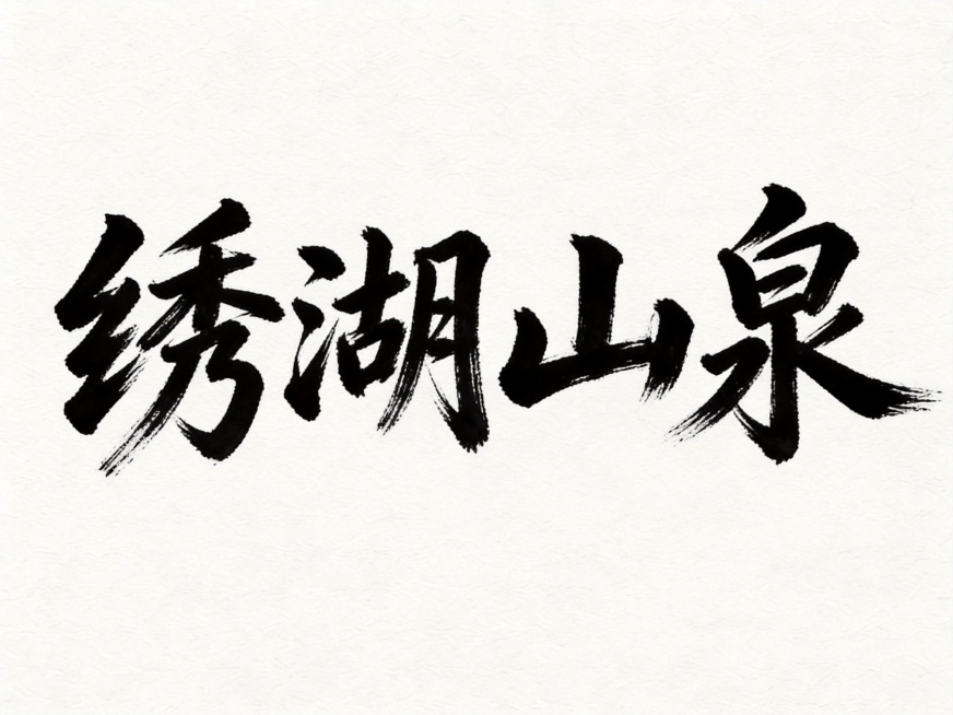 干净的纯白色背景，带有浅米色纸张纹理。平面书法字体设计，四个字"绣湖山泉"，完全参考图片中的毛笔书法风格创作：粗毛笔蘸浓墨书写，笔画粗细对比强烈，粗块厚重，细笔画飞白枯笔，运笔走势洒脱奔放，笔画末端自预览效果