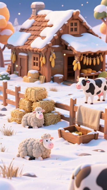 暖冬场景，悠闲乡村雪地牧场风光。画面主视觉是毛绒绵羊和奶牛在雪地上休憩（悠然自得），牧场的木栅栏旁，堆放着干草垛、木质食槽、保暖毡布。周围是被薄雪覆盖的牧草，乡村木屋是暖棕色带雪顶，挂着风干的玉米串。预览效果