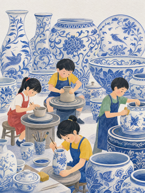 参考图片的青花瓷扁平插画风格，生成几个儿童在做陶艺，背景摆放着各种青瓷盘子和罐子，画面中不要有任何文字预览效果