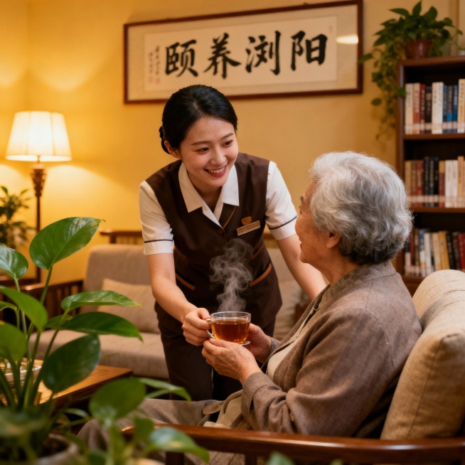 帮我生成带“颐养浏阳”服务人员心灵港湾——专业长者陪伴聊天服务场景的图片预览效果