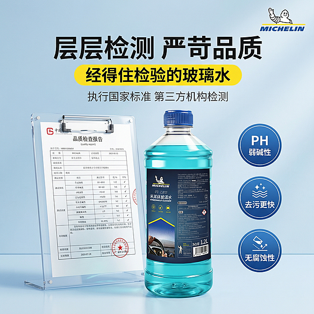 [主图 5] 品质权威背书促销主图
[氛围风格] 简约科技风，专业权威感
[画面元素] 商业摄影质感、光线柔和通透、产品清晰真实、画面干净高级。浅蓝色渐变背景，主体展示米其林玻璃水整瓶产品，旁边搭配质检报告展示，下方突出核心优势卖点标识，右上角添加蓝色米其林LOGO（浅色背景使用蓝色LOGO）。整体排版整齐，突出品牌正品优势，引导购买。参考提供的参考设计风格，保持版式结构一致。
[配色色系] 主色调：浅蓝背景，产品青蓝色，质检报告白色配红色印章，蓝色卖点图标点缀
[视角构图] 上标题下产品质检均衡构图，景深适中
[文字版式] 顶部大标题"层层检测 严苛品质"白色粗体大字，黄色通栏副标题"经得住检验的玻璃水"黑色粗体，说明文字"执行国家标准 第三方机构检测"灰色字体。右侧三个蓝色圆形图标分别标注"PH弱碱性""去污更快""无腐蚀性"白色文字。左下角展示质检报告固定在亚克力夹板上，细节清晰。右上角品牌LOGO位置正确不遮挡主体。
[比例分辨率] 1:1 比例，2k 分辨率，文字清晰可辨，超高清
[负向提示词] 变形，水印，文字错乱，产品图模糊，背景杂乱，LOGO位置错误，文字遮挡主体，印章模糊，报告文字不清晰