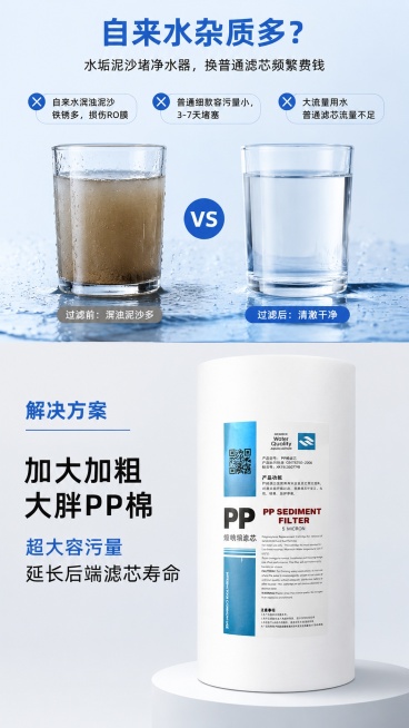 [第2屏] 痛点直击-自来水杂质问题解决方案。本屏使用【图1】作为产品主体。
[氛围/风格] 对比痛点解决方案风格，清晰直观，专业可信，商业图文质感。
[元素布局] 画面上半部分为痛点场景，放置浑浊自预览效果