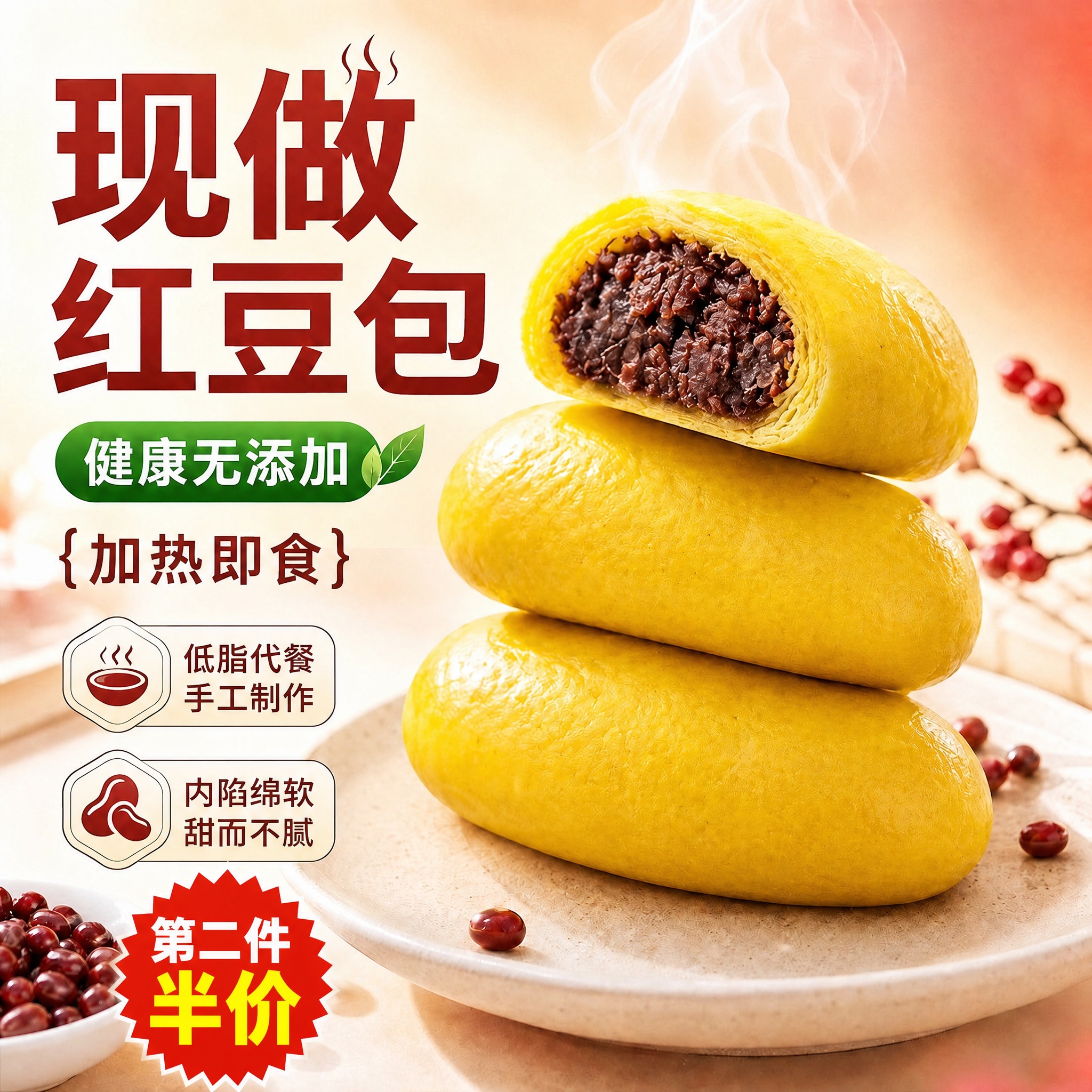 对这张黄色长椭圆红豆包电商图新增卖点文字：在左下角红豆小碗上方… - 图片创意预览
