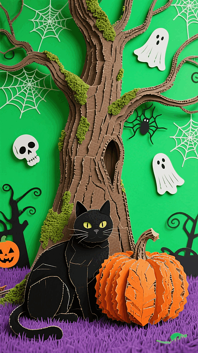万圣节黑猫和南瓜，在一棵树下，点缀其他万圣节元素，紫色草坪，荧光绿色天空