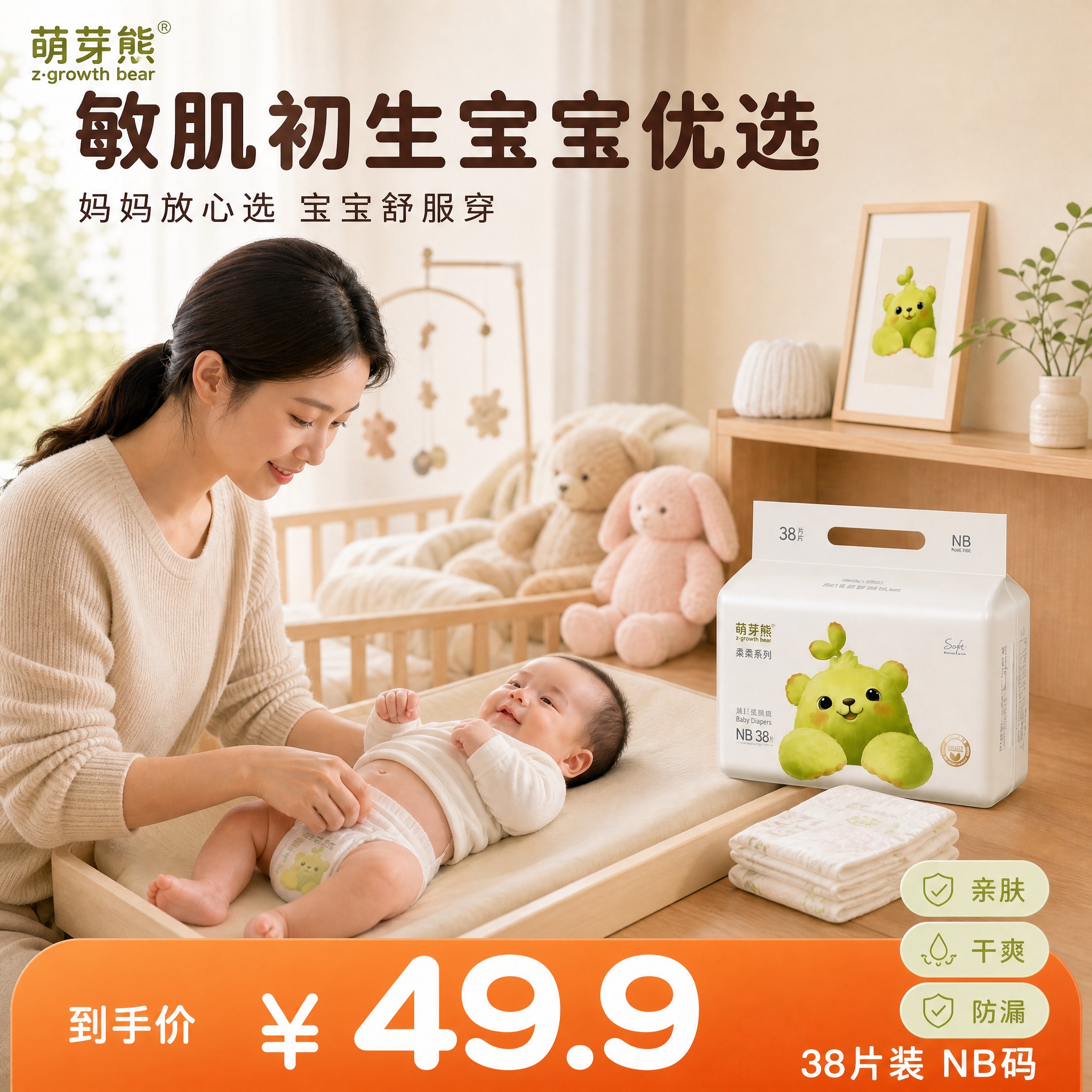 [主图-6] 萌芽熊柔柔系列纸尿裤NB码 敏肌初生宝宝优选亲子… - 图片创意预览