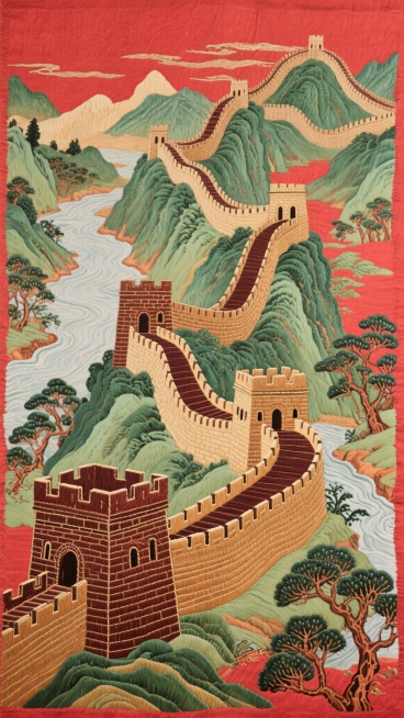 红色背景上，中国传统刺绣风格的长城蜿蜒盘旋在层叠的山河之间，长城墙体用深赭石色和土黄色绣线勾勒，砖块纹理清晰，烽火台高耸，周围有青绿山水、松柏和河流，整体画面庄重大气，具有历史厚重感预览效果