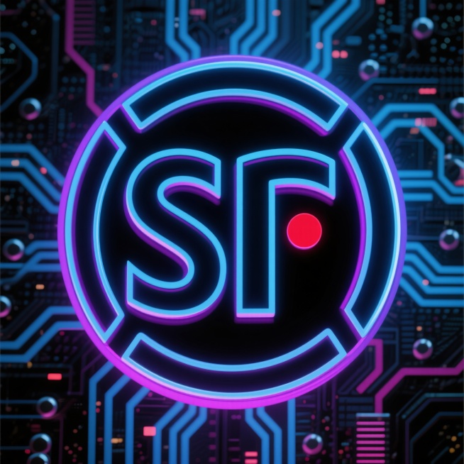 赛博朋克风格的顺丰速运标志，黑色圆形轮廓搭配内部几何切割线条，中央为变形“SF”字母组合，字母右侧点缀红色圆点，整体采用霓虹灯光效果渲染，边缘带有蓝色和紫色的发光描边，背景融入抽象的电路板纹理和轻微的噪点颗粒，呈现出科技感与未来感的视觉冲击力，保持标志原有结构比例和核心识别元素。预览效果