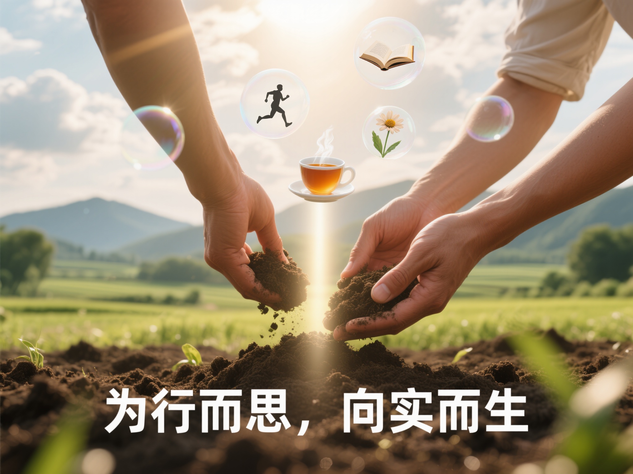 画面中央是一双正在泥土中播种的手，阳光从云层间隙洒下形成光柱，… - 图片创意预览