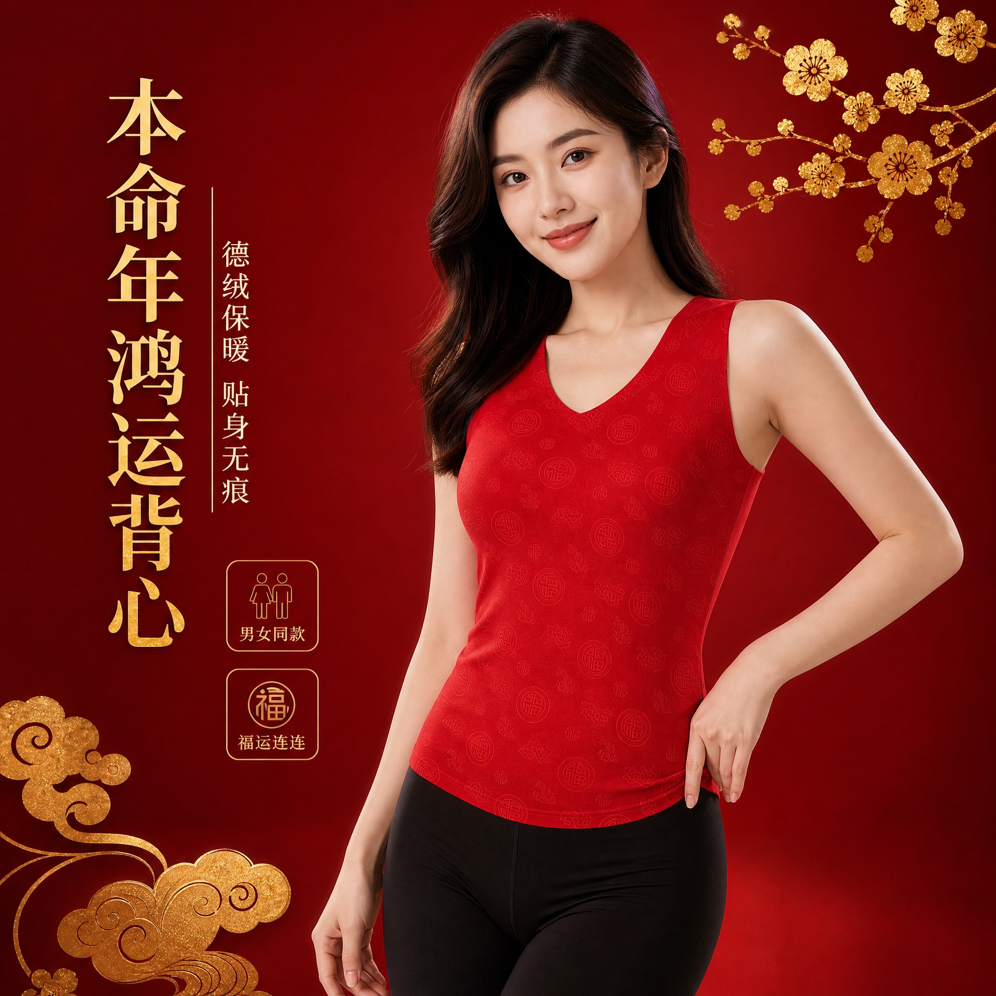 [主图-2] 本命年鸿运德绒背心（男女同款）女款模特上身图，核… - 图片创意预览