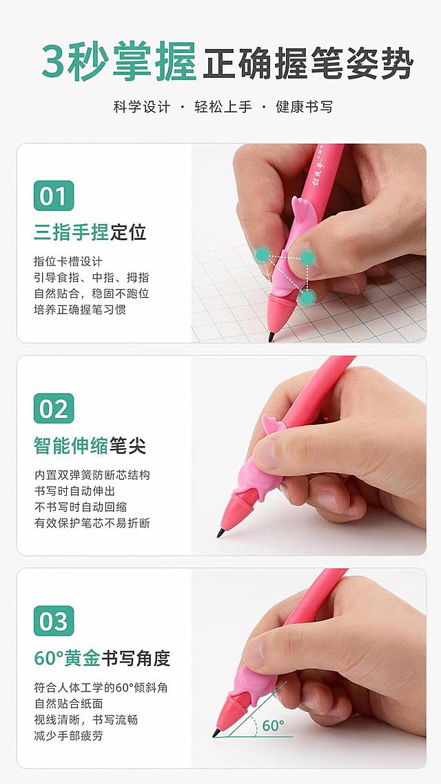 [第5屏] 握笔定位原理讲解页，分点展示3秒掌握正确握笔的设计逻辑。本屏使用【图4】作为参考图，沿用原三宫格排版进行优化设计。
[氛围/风格] 清晰说明风，浅白底，图文结合，清晰易读，信息层级分明。
[元素布局] 顶部主标题区域，下方分为三个等宽宫格，分别展示三指手捏定位、智能伸缩笔尖、60°黄金书写角度三个核心设计；每个宫格上方为文字标题，下方是对应细节特写图，整体构图均衡；产品外观和结构细节与参考图保持一致。
[光影质感] 每个宫格光线均匀，细节图清晰锐利，文字区域干净通透，整体明暗一致。
[配色色系] 全局底色 #F8F8F8，主色绿色标题，深灰正文，产品本身粉色保持与原图一致。
[视角构图] 三宫格平铺构图，每个宫格独立展示一个卖点，阅读从上到下，从左到右动线清晰。
[文字版式] 顶部主标题「3秒掌握正确握笔姿势」，三个宫格标题分别为「三指手捏定位」「智能伸缩笔尖」「60°黄金书写角度」，文字简洁清晰，每个宫格标题字号一致，排版规整。
[比例分辨率] 9:16 竖版比例，4K分辨率，文字清晰可辨，高清画质。
[负向提示词] 宫格歪斜，产品变形，文字错乱，细节模糊，颜色偏差，排版拥挤。