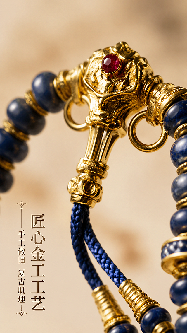 [第4屏] 金饰配件工艺细节展示。本屏使用【图1】作为商品主体，聚焦黄金配饰区域放大展示。
[氛围/风格] 高级复古工艺质感，特写摄影，突出做旧肌理和金属光泽。
[元素布局] 放大展示龙头装饰和连接处黄金配饰，占据画面70%主体区域，保持龙头造型、红宝石头饰、连接结构与原图一致，清晰展示做旧黄金的肌理纹理和宝石镶嵌细节。背景做柔化模糊处理，突出配饰工艺，左下角预留标题区域。
[光影质感] 侧光突出金属凹凸肌理和光泽，明暗对比清晰，展示做旧工艺层次感，镶嵌宝石高光自然。
[配色色系] 全局底色：#E8E4DB（浅暖卡其）；主体：复古黄金搭配深蓝色蓝宝石；文字：深棕色。
[视角构图] 微距特写，局部放大，背景虚化突出工艺细节。
[文字版式] 左下角标题「匠心金工工艺」，副标题「手工做旧 复古肌理」，竖排排版不遮挡主体细节，文字清晰，字体复古。
[比例分辨率] 9:16竖版比例，4K分辨率，文字清晰可辨，超高清。
[负向提示词] 结构变形，细节模糊，颜色偏差，缺件错件，水印，文字错乱，背景杂乱