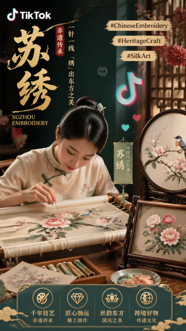 跨境电商非遗手工艺品苏绣TikTok引流图，画面主体是刺绣匠人正在进行苏绣制作，展示一针一线的精细刺绣过程，旁边摆放着完成的精致苏绣作品，背景带有TikTok元素和热门话题标签 "#ChineseEm预览效果