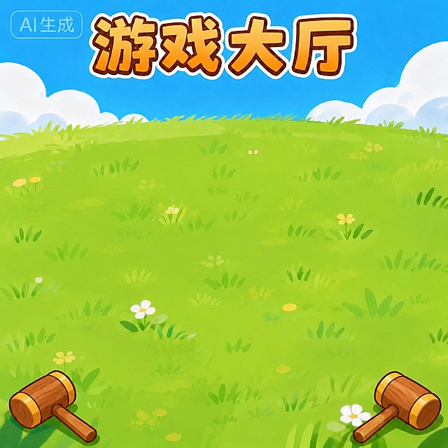 去掉草地上所有的地洞，将有地洞的区域修补成和周围一致的绿色草地，保留顶部“游戏大厅”文字和左右下角的木槌，保持整体卡通画风不变