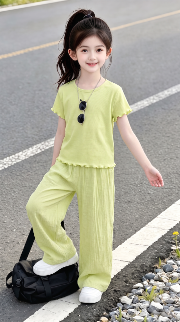 用图1的短袖和宽松阔腿裤替换图的2的人物穿搭衣服裤子，保留原场景光影，保持图2的人物的五官和发型不变，图片宽高尺寸不变，背景不变，鞋子变为白色厚底运动鞋，人物姿势不变，保持图1的短袖和裤子的款式材质不预览效果