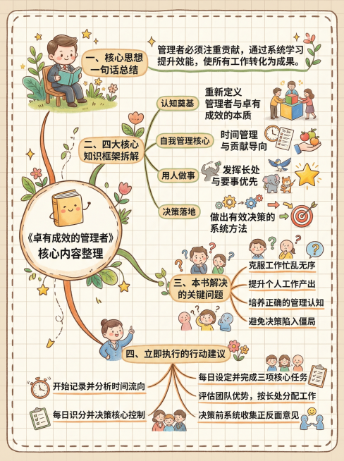 思维导图，中心主题是"《卓有成效的管理者》核心内容整理"，紧凑排版，日系手绘绘本风，治愈系可爱插画，数字水彩与彩铅混合质感，浅米色手绘网格纸背景，边框带有虚线缝合线效果，包含完整内容：一、核心思想一句预览效果