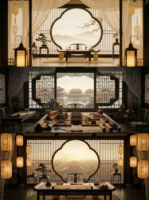 生成三张中式古风海报背景，结合参考图片的风格：新中式素雅禅意空间，带有木质花窗、纱幔、灯笼和古典家具，暖调光影；古风影视剧海报背景，带有传统中式花格窗景，整体风格大气沉稳，适合做人物海报背景；保持相似预览效果