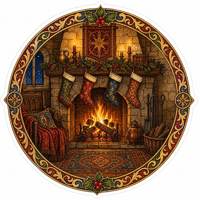 Christmas sticker, medieval illuminated manuscript style, a fireplace with burning logs and hanging stockings, warm cozy interior, circular composition 800x800, warm orange and brown and red colors, medieval hearth scene, isolated on clean white background, e-commerce sticker design, high detail