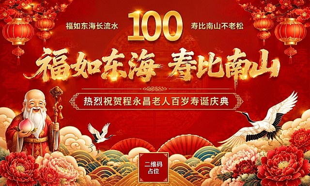 参考图的版式骨架与寿宴喜庆氛围，重新设计一张百岁寿诞活动背景墙。整体风格为国风新中式喜庆风格，红金配色，大气庄重。

画面结构（保留参考图的版式分区）：
- 背景：大红色渐变底色，隐约有暗纹寿字纹样，顶部左右两侧有红色灯笼和梅花枝点缀
- 顶部上方：左右对称排列小字，左侧为"福如东海长流水"，右侧为"寿比南山不老松"，中间是大大的金色"100"数字
- 主标题区（画面中央最醒目）：金色书法大字"福如东海 寿比南山"，字号最大，带光效
- 副标题区（主标题下方）："热烈祝贺程永昌老人百岁寿诞庆典"
- 底部装饰：祥云纹样、仙鹤、牡丹花、水纹等传统吉祥元素，左右对称
- 左下角：寿星公形象（手持寿桃、拐杖），慈祥微笑
- 右下角：仙鹤飞翔姿态

整体氛围：喜庆、庄重、传统寿宴风格，烫金质感，层次丰富，版式精美。

画面中必须完整呈现以下文字信息：
- "福如东海 寿比南山"
- "热烈祝贺程永昌老人百岁寿诞庆典"
- "福如东海长流水"
- "寿比南山不老松"
- "100"

画面中所有数字必须精确渲染，不得错位、遗漏或编造。
画面中所有信息区域必须填充完整合理的内容，不得出现空白框、空白占位。
画面中所有二维码区域使用纯色方块占位符呈现，方块中央标注"二维码占位"文字，严禁生成任何可识别的二维码图案。